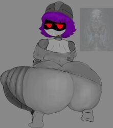 annoyed_expression ass_focus big_ass d4cmece facing_away hag huge_ass looking_back_at_viewer mature_female milf murder_drones older_female purple_hair revealing_clothes robot shirt_only squatting the_fuck_you_looking_at yeva_(murder_drones)