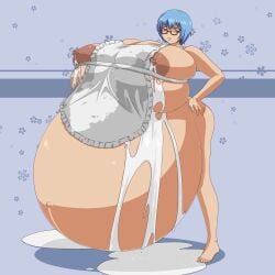 apron apron_only big_belly blue_eyes blue_hair breast_milk gigantic_breasts glasses hyper_pregnancy pregnant tabitha zdemian zero_no_tsukaima