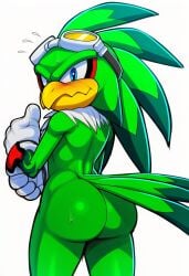 ai_generated ass_focus avian big_ass bird blue_eyes gay green_skin jet_the_hawk male_only novelai sonic_(series) sonic_the_hedgehog_(series) tail_feathers
