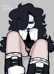 1boy 1femboy 2d 2d_(artwork) arcaned_roses bare_legs black_hair black_skirt black_tie clothed clothed_femboy clothed_male clothes clothing color colored digital_drawing_(artwork) digital_media_(artwork) english_text femboy femboy_focus femboy_only grey_background hair kuromi long_hair looking_at_viewer male male_focus male_only pale-skinned_femboy pale-skinned_male pale_skin pose roses_(roses_arcaned) roses_arcaned shoes simple_background sitting sitting_on_floor sitting_on_ground sitting_position skirt socks socks_and_shoes solo solo_focus solo_male text thighs tie underwear upskirt upskirt_view visible_underwear white_shirt white_topwear