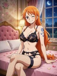 ai_generated bedroom big_breasts black_lingerie bra brown_eyes cleavage fishnet_legwear fishnet_stockings fishnets garter_belt garter_straps hourglass_figure lace lace-trimmed_bra lace-trimmed_panties lace_trim lingerie lingerie_only looking_at_viewer midriff nami_(one_piece) night_sky one_piece orange_hair panties posing post-timeskip sitting_on_bed stockings winking_at_viewer