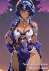 ai_generated arm_behind_back average_breasts blue_eyes blush breasts candace_(genshin_impact) choker cleavage closed_mouth collarbone covered_navel dark_skin female folding_fan genshin_impact hand_fan holding lewdrune light_blue_hair long_hair looking_at_viewer medium_breasts mole mole_on_breast smile solo standing sweat thick_thighs thighs