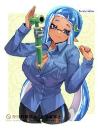 big_breasts blue_eyes blue_hair breasts cleavage female inkling inkling_girl jules_(carranza) long_hair looking_at_viewer matching_hair/eyes matching_hair_and_eye_color nintendo norishiitsu splatoon_(series)