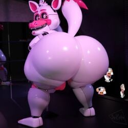 2026 3d_(artwork) animatronic anthro ass backsack balls big_butt black_nose canid canine darkspite digital_media_(artwork) dipstick_tail english_description eyebrows five_nights_at_freddy's fox funtime_foxy_(fnaf) genitals hi_res lipstick looking_back machine makeup male mammal markings pink_cheeks pink_eyebrows pink_lipstick pink_markings rear_view robot scottgames sharp_teeth sister_location solo tail tail_markings teeth thick_thighs white_body yellow_eyes