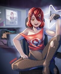 2d 2d_(artwork) 2d_artwork barrette barrettes big_breasts computer computer_monitor cute_face net orange_eyes red_hair sabapuf sitting sitting_on_chair smile tagme tights tshirt zafiro_del_rey
