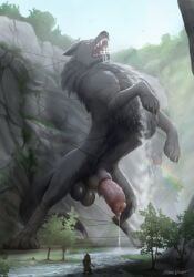 2026 absurd_res balls bound canid canine canis dark_violet day digital_drawing_(artwork) digital_media_(artwork) duo erection feral feral_focus fur genitals hi_res human macro macro_feral macro_male male mammal nature open_mouth penis rainbow solo_focus tail teeth water wolf