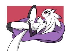 2026 4_fingers abstract_background absurd_res anthro aptom7747 areola arm_warmers armwear artist_name avian beak bird black_arm_warmers black_armwear black_clothing breasts claws clothing covering covering_crotch demon digital_drawing_(artwork) digital_media_(artwork) eyelashes feathers female finger_claws fingers galliform hair hellaverse helluva_boss hi_res holding_breast long_eyelashes long_hair long_tail looking_at_viewer looking_back looking_back_at_viewer lounging mature_anthro mature_female medium_breasts nipples nude nude_anthro nude_female peafowl peafowl_demon phasianid pink_sclera signature smile solo spread_legs spreading stella_(helluva_boss) tail text white_body white_eyes white_feathers white_hair