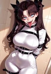 1girls ahe_gao ai_generated alternate_breast_size arms_behind_back balecxi belt black_hair black_ribbon blue_eyes bodysuit bound bound_arms breasts brown_hair buckle clothing covered_navel curvaceous curvaceous_female curvaceous_figure curvy curvy_figure fangs fate/stay_night fate_(series) female female_focus forked_tongue hair_ribbon harness large_breasts long_hair long_tongue looking_at_viewer narrow_waist open_mouth parted_bangs restrained ribbon saliva skin_tight smile solo straitjacket teeth thick_thighs thigh_belt thigh_strap thighs tile_wall tohsaka_rin tongue tongue_out twintails two_side_up voluptuous voluptuous_female white_bodysuit wide_hips