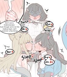 1futa 2girls arknights arknights:_endfield blowjob blowjob_face blush blushing_female censored chen_qianyu_(arknights) dialogue embarrassed embarrassed_female embarrassed_nude_futa endministrator_(arknights) futa_on_female futanari licking licking_penis perlica_(arknights) physisyoon small_penis small_penis_adoration small_penis_futa text text_box text_bubble threesome