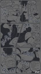 accessory annoyed anthro ass awakecore bent_over big_butt big_penis biped bodily_fluids bodysuit clothing comic cum cum_in_ass cum_inside dialogue domestic_cat duo erection felid feline felis forced genital_fluids genitals headband hi_res konami male male/male mammal metal_gear monochrome penis penis_size_difference skinsuit slightly_chubby slightly_chubby_male sound_effects speech_bubble thought_bubble tight_clothing vein veiny_penis worried_face