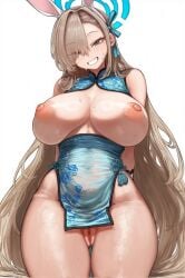 ai_assisted asuna_(blue_archive) asuna_(bunny)_(blue_archive) big_breasts blue_archive bunny_girl chinese_clothes dress ichinose_asuna nipples plushyplant thighs white_background