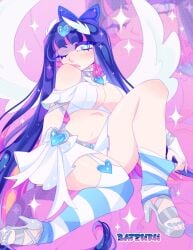 1girls 2026 angel angel_wings artist_name artist_signature bare_shoulders batzuru blue_eyes boob_window bow_in_hair female female_focus female_only fingerless_elbow_gloves high_heels light_blue_eyes light_blue_nail_polish light_blue_nails long_hair midriff nail_polish panty_&_stocking_with_garterbelt pink_hair pinup pinup_pose purple_hair removing_clothing removing_shoes skimpy skimpy_clothes solo solo_female solo_focus stocking_anarchy stockings very_long_hair wink