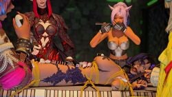 5girls au_ra bondage chopsticks eating elezen final_fantasy final_fantasy_xiv gag honey_b._lovely kisa_kha miqo'te nyotaimori sushi vamp_fatale wicked_thunder xaela yaana