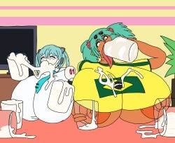 beer_glass beer_mug brazilian brazilian_female brazilian_miku cum cum_drinking cum_drip cum_dripping cum_dripping_from_mouth drinking drinking_cum drinking_glass hatsune_miku huge_breasts long_tongue miku_hatsune mug mug_of_cum tasteofchoklit_(edit)