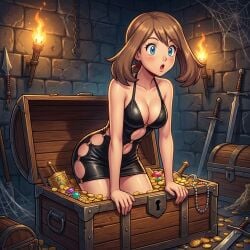 1girls 2d ai_generated blue_eyes brown_hair brunette_hair cobwebs dungeon female female_focus female_only gold gold_coin light_skin may_(pokemon) pokemon popping_out skimpy skimpy_clothes skimpy_dress sword tight_clothing torch treasure_chest