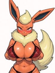 1girls ai ai_generated anthro big_breasts blonde_hair blonde_tail blush bra breasts ear eeveelution female flareon frosting.ai fur game_freak generation_1_pokemon grabbing_breasts grabbing_own_breast looking_at_viewer nintendo nipple_outline non-nude orange_body orange_eyes orange_fur panties pointy_ears pokemon pokemon_(species) red_bra red_lingerie red_panties red_underwear seductive_look smiling solo standing tail thick_thighs thighs tummy underwear upper_body white_background