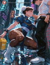 1boy ai_generated ass boots bracelet breasts bun_cover censored china_dress chinese_clothes chun-li double_bun dress fake_art fellatio female fingerhotpepper jewelry large_breasts oral pantyhose penis sash short_hair spiked_bracelet spikes straight street_fighter thick_thighs thighs