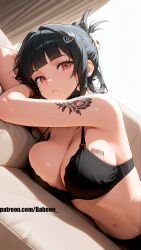 ai_generated belly black_hair d_(killer_wife)_(nikke) d_(nikke) female female_only laying_on_bed red_eyes self_upload tattoo tummy