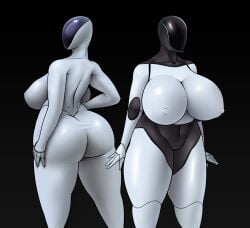 2girls huge_ass huge_breasts nipples robot robot_girl smile tesla_bot thick_thighs wide_hips xeddo