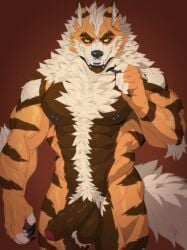 1boy abs anthro anthrofied arcanine balls body_hair brown_body brown_fur canid canine claws delightful_shiny_pie facial_piercing fingerless_(marking) flint_(lukereinhart) foreskin fur generation_1_pokemon genitals green_eyes happy_trail hi_res humanoid_genitalia humanoid_penis male mammal multicolored_body multicolored_fur muscular muscular_anthro muscular_male neck_tuft nintendo nipple_piercing nipples nose_piercing nude orange_body orange_fur pecs penis piercing pokemon pokemon_(species) pokemorph ring_piercing solo solo_male tan_body tan_fur tuft vein veiny_penis