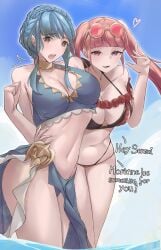 2girls big_breasts bikini blue_hair blue_sky braid breasts brown_eyes calmgreentori cleavage female female_focus fire_emblem fire_emblem:_three_houses fire_emblem_heroes heart hilda_valentine_goneril hilda_valentine_goneril_(summer) large_breasts long_hair marianne_von_edmund marianne_von_edmund_(summer) multiple_females multiple_girls navel off_shoulder open_mouth pink_eyes pink_hair red_bikini sky sunglasses swimsuit tagme thighs wading