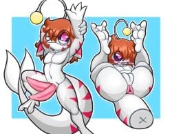 2_penises animal_genitalia animal_penis anthro anus big_penis big_tail brown_hair dark_eyes dusk_dome eyewear feet fish genitals gesture glasses grey_body hair hemipenes kai_(dusk_dome) legs_up lure_(anatomy) male marine multi_genitalia multi_penis multicolored_body nude penis pupils slit_pupils smile solo tail tongue tongue_out waving white_body