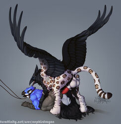 anus avian balls beak big_balls bird blue_eyes bondage bound closed_eyes duo feathered_wings feathers gay gryphon hybrid leash male nephisdragon open_beak open_mouth penis raven_(bird) sex simple_background valderic_blackstag wings