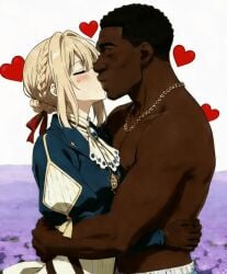 1boy 1girls ai_generated bbc blonde_hair closed_eyes dark-skinned_male dark_skin gif heart kissing snowbunny violet_evergarden violet_evergarden_(character) white_skin