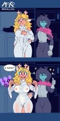breasts comic comic_panel deltarune deltarune_chapter_2 dialogue kris_(deltarune) maus_(deltarune) moko_(artist) newgrounds_link nipples noelle_holiday suggestive suggestive_look undertale_(series)