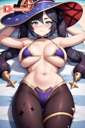 ai_generated beach_background beach_towel big_ass big_breasts big_butt bikini blush brandonsai female female_only full_body fully_clothed genshin_impact hoyoverse huge_breasts mihoyo mona_(genshin_impact) patreon patreon_logo patreon_username pov
