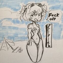 1girls beach beach_background beach_umbrella big_thighs bikini blushing_female deadass_77 doki_doki_literature_club english_text fat_ass female natsuki_(doki_doki_literature_club) sketch small_breasts small_tits text_bubble thick_thighs tsundere watermark