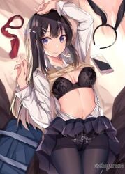 1girls 2d 2d_(artwork) 2d_artwork arm_above_head arm_up bare_belly bare_midriff bare_navel bare_skin belly belly_button big_breasts black-haired_female black_bra black_hair black_legwear black_panties black_pantyhose black_skirt black_stockings black_tights black_underwear blue-eyed_female blue_eyes bra breasts busty busty_female busty_girl cleavage curvaceous curvaceous_body curvaceous_female curvaceous_figure curvaceous_hips curvaceous_teen curvy curvy_body curvy_female curvy_figure curvy_hips curvy_teen digital digital_art digital_drawing digital_drawing_(artwork) digital_media digital_media_(artwork) drawing exposed_belly exposed_midriff exposed_navel exposed_skin female female_focus female_only fingernails fingers from_above groin hair_between_eyes hair_clip hair_clips hair_ornament hairclip hairclips hand_above_head hand_up head_tilt high_resolution highres hourglass_figure lace_panties lace_underwear laced_panties laced_underwear large_boobs large_breasts lean_figure legwear linea_alba long_hair looking_at_viewer looking_up looking_up_at_viewer lying lying_down lying_on_back lying_on_bed midriff naked_shirt narrow_waist navel necktie on_back on_bed open_clothes open_clothing open_shirt open_topwear panties pantyhose phone red_necktie sakurajima_mai seishun_buta_yarou_wa_bunny_girl_senpai_no_yume_wo_minai shigurene shirt shoulders skirt slender_body slender_waist slim_waist solo stockings stomach thighs tights tilted_head unbuttoned unbuttoned_shirt underwear upper_body white_shirt white_topwear wide_hips