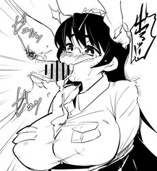 bangs black_hair blush breasts bust collared_shirt cum cum_in_mouth cum_on_breasts fellatio female filia_(skullgirls) fukumaaya large_breasts long_hair monochrome oral penis pubic_hair samson_(skullgirls) school_uniform skullgirls tagme tears