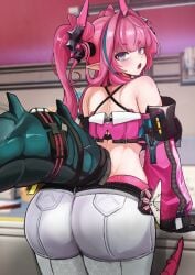 :o arknights arknights:_endfield ass bare_shoulders black_gloves blue_eyes blurry blurry_background commentary cowboy_shot female from_behind gloves green_hair hair_intakes horns huge_ass indoors kure_(otakami999) long_hair long_sleeves looking_at_viewer looking_back median_furrow multicolored_hair open_mouth pants pink_hair pointy_ears solo standing streaked_hair tail turning_head white_pants yvonne_(arknights)