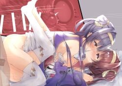 azur_lane blush chao_ho_(azur_lane) commander_(azur_lane) commentary_request cross_section detached_sleeves doggy_style group_sex holding_hands kissing long_hair madotsukumo purple_eyes purple_hair red_hair sex sex_from_behind siblings sisters thighhighs threesome vaginal_penetration white_thighhighs ying_swei_(azur_lane) yuri