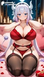 1girls 2026 ai_assisted ai_generated anime artist_name bed breasts bust dragon_maid explicit flower garter_belt gift hi_res high_quality high_resolution highres horns kanna_kamui kobayashi-san_chi_no_maidragon light_purple_hair long_hair miss_kobayashi's_dragon_maid navel night night_sky on_bed patreon patreon_username petals pillow red_flower red_rose rose rose_petals sitting skypassion stable_diffusion tail twintails valentine's_day valentines_day watermark