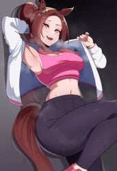 1girls absurdres animal_ears armpits big_breasts breasts brown_hair cleavage commentary female highres holding horse_ears horse_girl horse_tail indoors jacket looking_at_viewer midriff navel niiru96 open_clothes pants pink_eyes sakura_bakushin_o_(umamusume) tail track_jacket track_pants umamusume untranslatable_commentary unworn_jacket