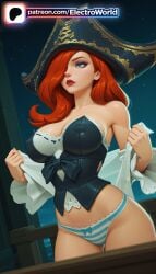 1girls 2026 ai_generated artist_name blue_eyes bow bow_panties breasts bust chest electroworld female hat hi_res high_quality high_resolution highres league_of_legends long_hair miss_fortune panties patreon patreon_username pirate_hat red_hair solo stable_diffusion star_(sky) striped underwear undressing watermark