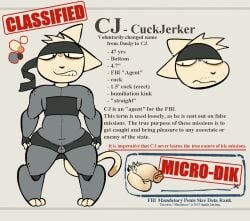 accessory anthro awakecore biped bodysuit cj_(awakecore) clothing domestic_cat english_text felid feline felis flaccid genitals headband konami male mammal metal_gear model_sheet penis skinsuit small_penis solo stubble tan_body text tight_clothing