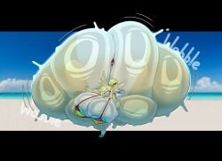 1boy 1girls anthro areola_slip areolae ass ass_bigger_than_body beach beach_background between_ass bikini blonde_hair bottomless bottomless_female breasts canine canine_humanoid cleavage colossal_ass derius drink female female_focus fennec fennec_fox fox furry glasses hips hyper hyper_ass hyper_breasts large_ass large_breasts male meat_wall_(body_type) nambi_(corydingus) nipple_bulge round_sunglasses stuck_in_ass sunglasses tan_fur thick_thighs thighs wide_hips