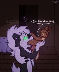 5tr4w_b3rry_(yukikatsu) anthro bed bedroom black_body black_fur bodily_fluids brown_body brown_eyes brown_fur dark_(yukikatsu) dark_room dialogue door duo eevee female feral floor fur furniture generation_1_pokemon generation_7_pokemon green_eyes group hi_res jaku_(yukikatsu) lycanroc machine male male/male nintendo open_door oral_vore pink_eyes pokemon pokemon_(species) protogen saliva saliva_string spectators trio vore wood wood_floor yukikatsu