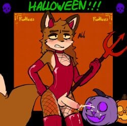 anthro balls bodily_fluids canid canine clothing costume cum devil_costume ejaculation erection femboy food foreskin fox foxvices fruit fur genital_fluids genitals halloween halloween_costume handwear hi_res holidays jack-o'-lantern latex latex_clothing latex_handwear latex_legwear legwear male mammal orange_body orange_fur penis plant pumpkin solo
