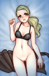 1girls bad_id bangs black_bra blush bottomless bra dakimakura female green_eyes green_hair low_ponytail monorus navel nintendo npc_trainer pokemon pokemon_xy pussy small_breasts solo swept_bangs uncensored underwear waitress_(pokemon)