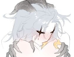 1boy1girl 1girl1boy black_sclera breasts breasts_out claws colored colored_sketch drool drooling drooling_on_breasts drooling_tongue female_y/n gray_hair grey_hair holding_breast holding_breasts horns licking_breast long_hair long_hair_male monster monster_boy monster_on_female monster_on_human pierrot_(the_freak_circus) pink_nipples sharp_claws sweat sweatdrop sweating sweaty sweaty_face teratophilia the_freak_circus wikszet y/n yellow_eyes yellow_tongue