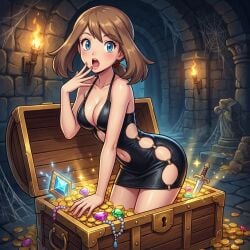 1girls 2d ai_generated blue_eyes brown_hair brunette_hair cobwebs dungeon female female_focus female_only gold gold_coin hand_to_own_mouth light_skin looking_at_viewer may_(pokemon) open_mouth pokemon popping_out skimpy skimpy_clothes skimpy_dress sword tight_clothing torch treasure_chest