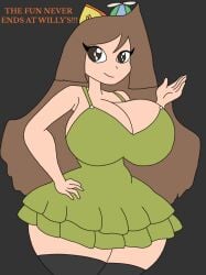 1girl aliya_(aliyal007) aliyal007 big_breasts big_thighs black_legwear breasts brown_eyes brown_hair clothed clothing crossgender dialogue digital_media_(artwork) dress fanart female female_only genderswap genderswap_(mtf) green_dress hand_on_hip hand_up hat headwear huge_breasts huge_thighs legwear looking_at_viewer looking_back overalls overalls_only propeller_hat rule_63 smile smile_at_viewer solo speech stockings stockings_only superstarplasma text thighs weasel weasel_ears weasel_girl willy_the_weasel willys_wonderland