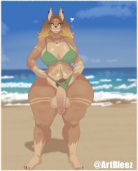 2026 3_toes 5_fingers anthro arely_(bleez_art) artist_name balls beach big_balls big_breasts big_penis bikini bleez_art blonde_hair border breasts canid canine canis cleavage clothed clothing cloud cross cross_necklace crossgender dobermann domestic_dog ear_piercing ear_ring eyebrows eyelashes feet fingers ftg_crossgender fti_crossgender genitals green_bikini green_clothing green_swimwear gynomorph hair half-closed_eyes half-erect heart_symbol hi_res huge_penis intersex jewelry long_hair looking_at_viewer mammal narrowed_eyes necklace outside penis piercing pinscher pubes ring_piercing sand seaside sky smile solo swimwear teeth text thick_thighs toes twitter_handle two-piece_swimsuit voluptuous_gynomorph water white_border wide_hips