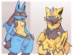 2023 anthro balls biped black_body black_fur black_inner_ear black_markings black_nose blue_balls blue_body blue_eyes blue_fur blue_pawpads blue_penis blue_tail blue_whiskers blush blush_lines border canid canine cheek_tuft chest_spike digital_drawing_(artwork) digital_media_(artwork) duo erection facial_markings facial_tuft felid feline fingers foreskin fur generation_4_pokemon generation_7_pokemon genitals glistening glistening_eyes gloves_(marking) hand_spike head_markings hi_res humanoid_genitalia humanoid_penis leg_markings legendary_pokemon lucario male male_anthro male_only mammal markings multicolored_body multicolored_fur neck_tuft nintendo nude nude_anthro nude_male open_mouth outside_border partially_retracted_foreskin pawpads penis penis_size_difference pointy_ears pokemon pokemon_(species) prick_ears pu_sukebe red_eyes simple_background small_penis spikes spikes_(anatomy) tail thigh_markings tuft whiskers white_border yellow_balls yellow_body yellow_fur yellow_penis yellow_tail zeraora