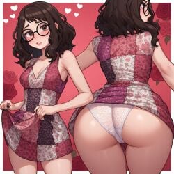 1girls ai_generated ass brown_eyes brown_hair bubble_ass bubble_butt butt_focus cute_face dress dress_lift dress_lifted_by_self female female_focus flowers fluffy_hair geek glasses heart innocent kyokalovesxo lifting_skirt light-skinned_female makeup moles nerdy_female pale-skinned_female pale_skin panties petite petite_body pink_background pink_dress pretty_face red_background round_ass seductive skinny_female soft_breasts soft_skin sundress underwear valentine's_day white_panties young_female younger_female youthful_features