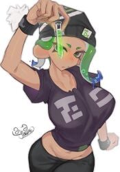 1girls beanie big_breasts black_pants breasts female green_eyes green_hair looking_at_viewer mev_(mevlingo) navel nintendo octoling okura_katu pants shirt short_hair short_sleeves simple_background splatoon_(series) splatoon_3 tentacle_hair two_tone_hair white_background